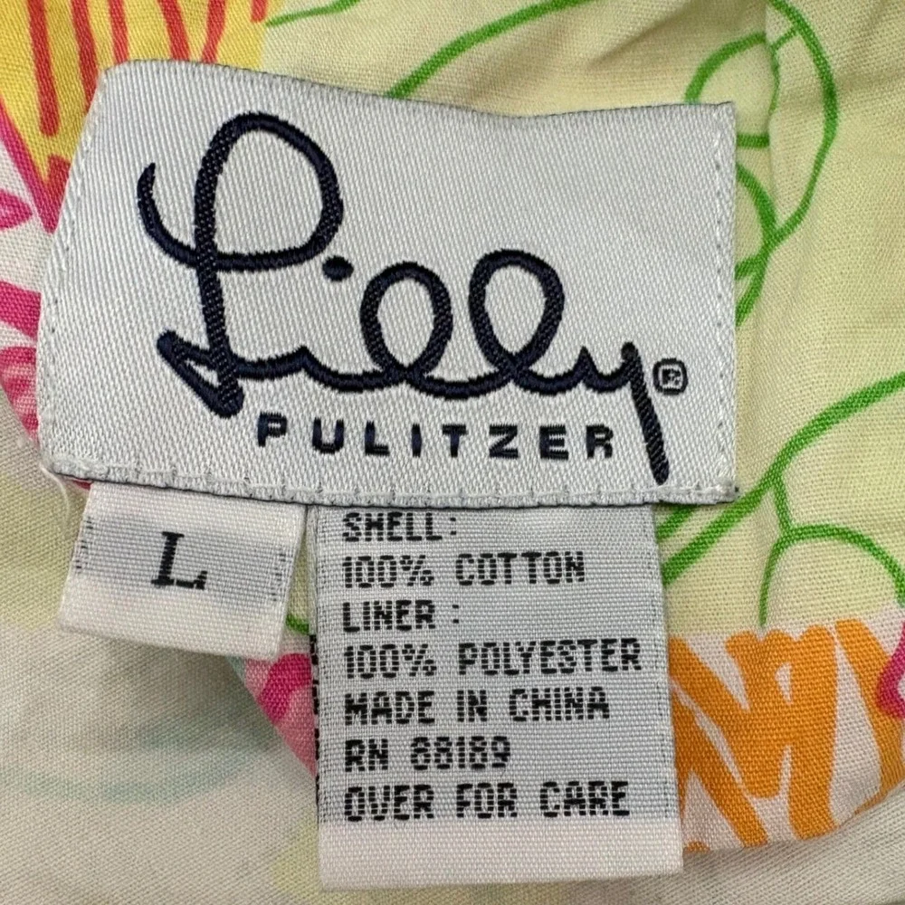 Lilly Pulitzer Mens Swim Trunks L Patchwork Tropical Print Cotton Shorts Resort